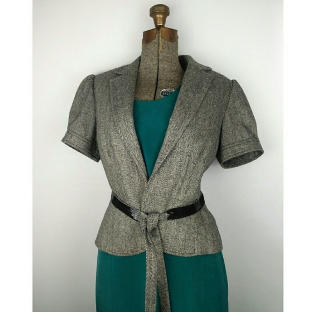 Loft petite herringbone short sleeve gray tweed jacket